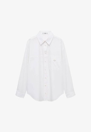 Bela srajca z gumbi, izdelana iz gladkega blaga. Ima klasičen ovratnik, dolge rokave in manjši žep na prsih z detajlom gumbov.