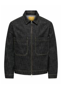 Tume teksatagi lukuga, mandariinkaeluse ja kahe esipanduga taskuga. Kontrastiõmblus lisab detaili.