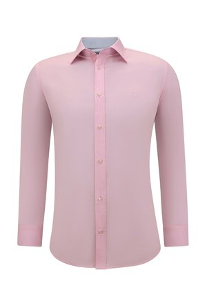 Lichtroze overhemd met lange mouwen en een button-down kraag, met een gladde textuur, zeven knopen en een subtiele logo op de borst.