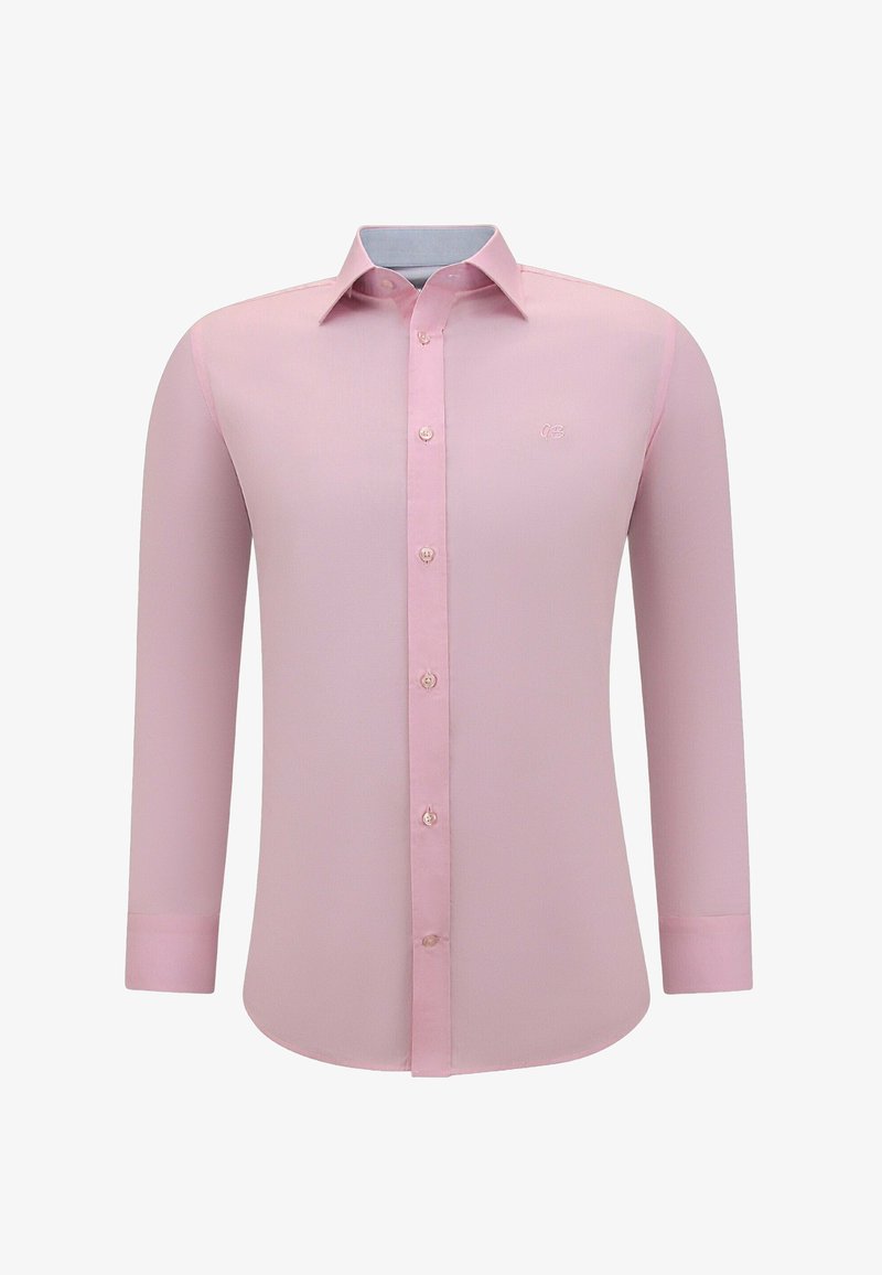 Lichtroze overhemd met lange mouwen en een button-down kraag, met een gladde textuur, zeven knopen en een subtiele logo op de borst.