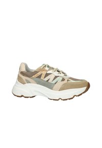 Beige und hellgrüner Sportschuh mit Mesh-Gewebe, Wildleder-Akzenten, geschichtetem Design und einer dicken weißen Sohle mit brauner Gummigrip.