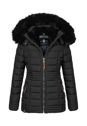 Zwarte gewatteerde jas met een faux fur gevoerde capuchon, ritssluiting, elastische taille, zijzakken en geribde manchetten voor extra warmte.