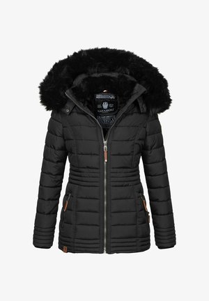 Zwarte gewatteerde jas met een faux fur gevoerde capuchon, ritssluiting, elastische taille, zijzakken en geribde manchetten voor extra warmte.