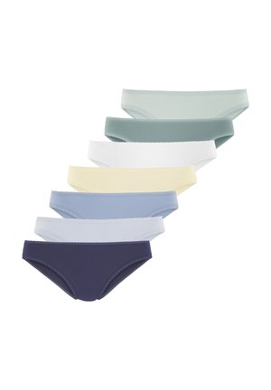 Eight pairs of seamless cotton panties in varying colors: navy, light blue, white, yellow, green, and muted pastel shades with a delicate trim.
