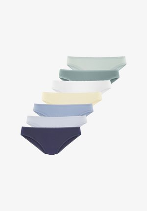 Acht paar naadloze katoenen slipjes in verschillende kleuren: marineblauw, lichtblauw, wit, geel, groen en gedempte pastelkleuren met een delicate afwerking.