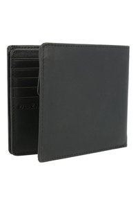 Black leather wallet featuring multiple card slots and a smooth texture. Compact design with RFID protection. Folded style with stitched edges.