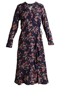 Marineblaues Blumenkleid mit langen Ärmeln, das eine Taillenbindung, einen Rüschensaum und mehrfarbige Blumenmuster auf einem leichten Stoff aufweist.