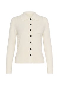 Krēmkrāsas ribota džengo jaka ar smailu apkakli, garām piedurknēm, melniem pogām priekšā un vienu krūšu kabatu.