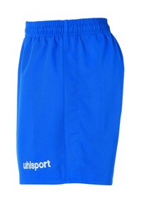 Blauwe sportshorts gemaakt van lichtgewicht stof. Voorzien van een elastische tailleband en een klein wit logo aan de linkerkant. Glad structuur.