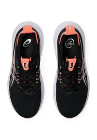Black athletic shoes with a knit upper, coral accents, silver logo, and white sole. Features laces and a padded collar for support.