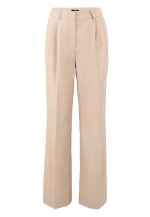 Pantalons larges beiges en tissu lisse, avec des plis à l'avant, des poches latérales et une taille cintrée.