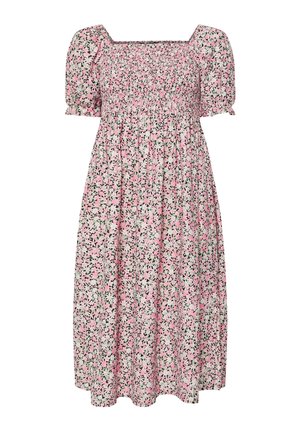 Kukallinen midi-mekko, jossa on neliömäinen pääntie, lyhyet puffihihat ja smockattu yläosa. Mekossa on vaaleanpunainen tausta vihreillä ja valkoisilla kuvioilla.