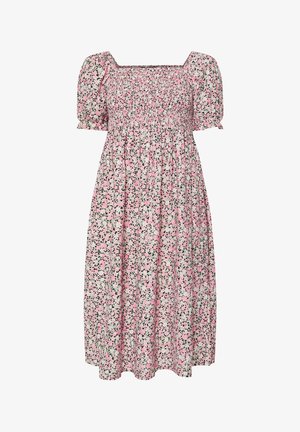 Kukallinen midi-mekko, jossa on neliömäinen pääntie, lyhyet puffihihat ja smockattu yläosa. Mekossa on vaaleanpunainen tausta vihreillä ja valkoisilla kuvioilla.