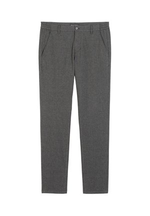 Pantaloni grigi a quadretti realizzati in tessuto morbido, con parte anteriore piatta, tasche laterali e cintura elastica per il massimo comfort.