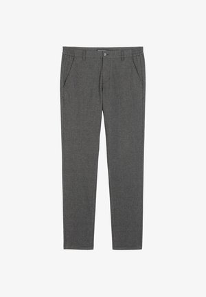 Grijze geruite broek van zachte stof, met een platte voorkant, zijzakken en een elastische tailleband voor comfort.