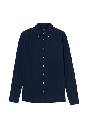 Navyblaues Denim-Hemd mit langen Ärmeln, Button-Down-Kragen und weißen Knöpfen entlang der Vorderseite. Glatte Textur, klassisches Design.