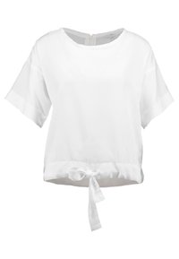 Biała bluzka z krótkim rękawem, okrągłym dekoltem i detalem w postaci kokardy przy dole. Wykonana z gładkiego, lekkiego materiału.