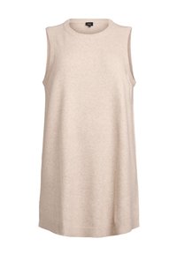 Bezrukávové béžové šaty z mäkkej pleteniny, s okrúhlym výstrihom a jemnými rebrovanými detailmi na spodnom leme a priehlbinách na rukách.