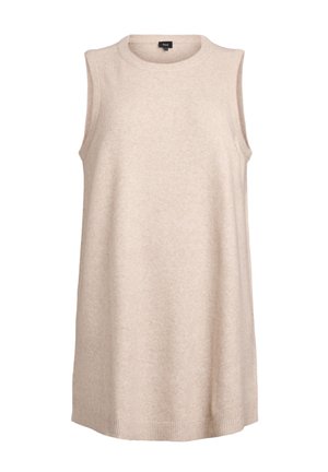 Abito beige senza maniche in morbido tessuto a maglia, con scollo rotondo e sottili dettagli a costine sull'orlo e sulle aperture per le braccia.