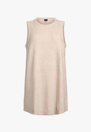 Abito beige senza maniche in morbido tessuto a maglia, con scollo rotondo e sottili dettagli a costine sull'orlo e sulle aperture per le braccia.