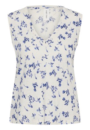 Haut blanc sans manches avec un col en V présentant un motif floral bleu sur toute la surface et un ourlet droit.