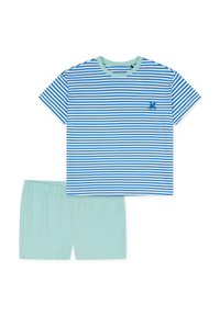 Striped cotton T-shirt in light blue and white, with a mint green collar, paired with matching mint green shorts.