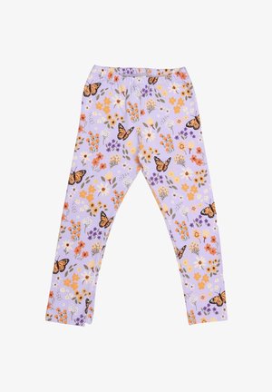 Lila Leggings mit floralem Muster, das orangefarbene, gelbe und lila Blumen sowie schwarz-orangefarbene Schmetterlinge zeigt. Mit elastischem Bund.