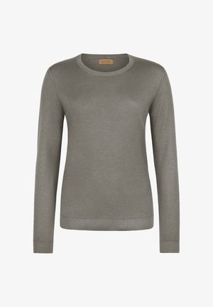 Sweter z długim rękawem w stonowanej oliwkowej zieleni, wykonany z gładkiego, miękkiego materiału. Posiada okrągły dekolt oraz ściągacze u dołu i na rękawach.