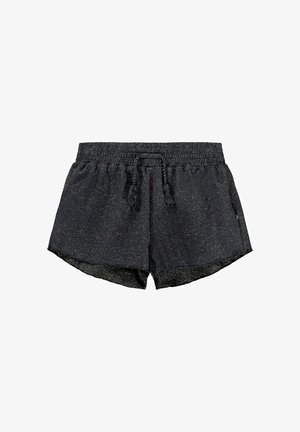 Zwarte sportshorts met textuurlijke stof, een tailleband met trekkoord en een subtiele glinsterende afwerking. Korte lengte en een ontspannen pasvorm.