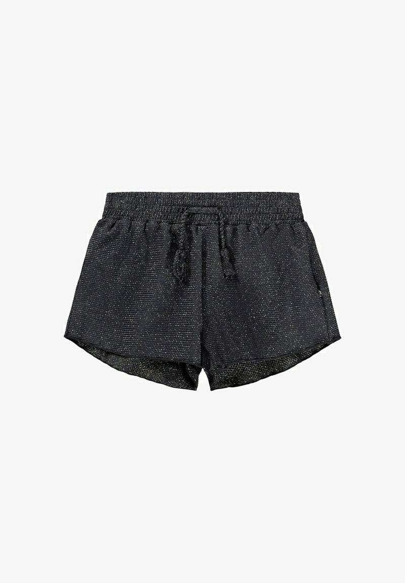 Mustat urheilushortsit, joissa on teksturoitu kangas, kiristysnauhallinen vyötärö ja hienovarainen kimaltava viimeistely. Lyhyt pituus ja rento istuvuus.