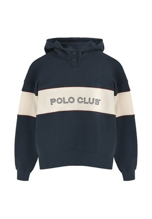 Mørkeblå hoodie med creme horisontale striber, med "POLO CLUB" i sort skrift. Designet inkluderer en hætte med snore og to knapper.