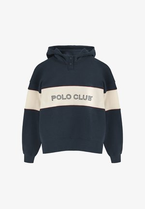 Mørkeblå hoodie med creme horisontale striber, med "POLO CLUB" i sort skrift. Designet inkluderer en hætte med snore og to knapper.