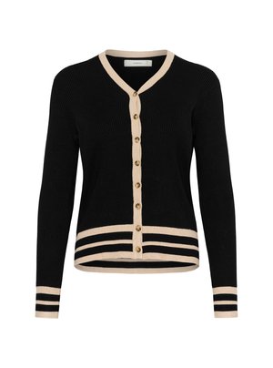 Schwarze gerippte Strickjacke mit V-Ausschnitt, cremefarbener Einfassung und Knopfleiste. Verfügt über cremefarbene und schwarze gestreifte Akzente am Saum und an den Bündchen.