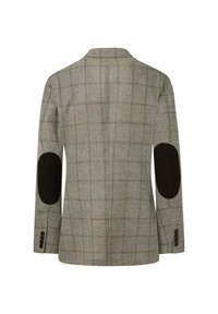 Blazer a quadri grigio con un design strutturato, caratterizzato da toppe nere sui gomiti e polsini a tre bottoni su ciascuna manica. Tessuto testurizzato in tutto.