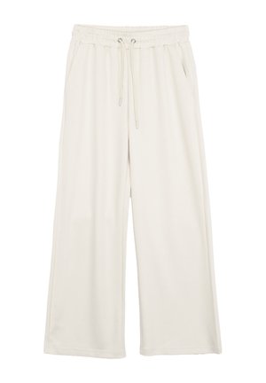 Losse, crèmekleurige trainingsbroek met elastische tailleband, trekkoord en zijzakken.