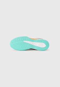 Shoe sole with a textured pattern. Predominantly mint green with a white detail and orange accent. Durable rubber material.
