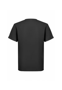 Sort kortærmet T-shirt med rund halsudskæring og en glat, bomuldsstof uden synlige designs eller grafikker på ryggen.