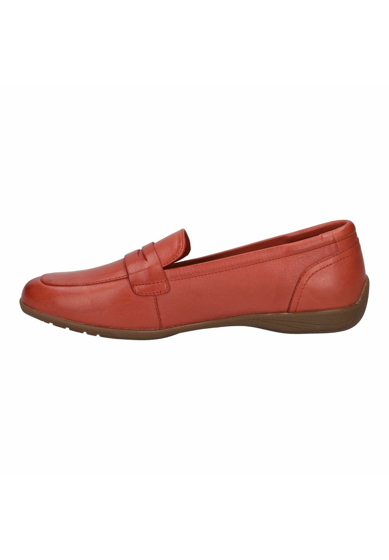 Rote Leder-Schlupfschuhe mit abgerundeter Spitze, dekorativem Riemen und einer flexiblen braunen Gummisohle für Komfort und einfache Handhabung.