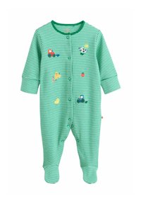 Zelené pruhované detské body s dlhými rukávmi a zakrytými nohami, ozdobené vyšívanými motívmi farmárskych zvierat a predmetov. Zapínanie na patentky.