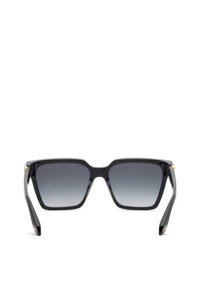 Lunettes de soleil à monture carrée noire, verres dégradés foncés et branches larges, vues de face sur fond blanc.