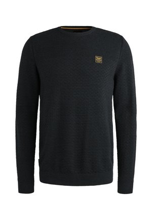 Schwarzer strukturierten Pullover mit langen Ärmeln, Rundhalsausschnitt, einem kleinen Logo-Patch auf der Brust und gerippten Bündchen und Saum.
