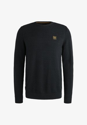 Schwarzer strukturierten Pullover mit langen Ärmeln, Rundhalsausschnitt, einem kleinen Logo-Patch auf der Brust und gerippten Bündchen und Saum.