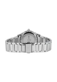 Silberne Edelstahl-Uhr mit einer Netzstruktur auf der Rückseite, rundem Gehäuse und einem verknüpften Armbanddesign mit einem soliden Verschluss.