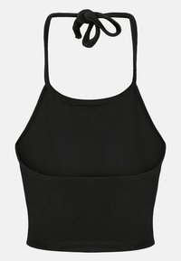 Svart kort haltertopp med knytning i ryggen, slät textur och en figurnära silhuett med rundad halsringning.