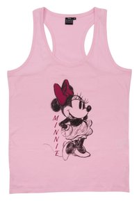 Canottiera senza maniche rosa con un disegno in stile schizzo di Minnie Mouse con un fiocco rosso e il nome "MINNIE" in lettere rosse lungo il lato.