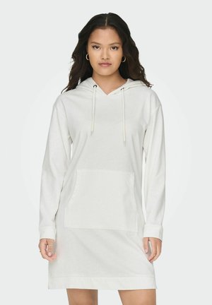 Abito felpa bianco realizzato in tessuto morbido. Caratterizzato da una tasca frontale, cappuccio con coulisse regolabile e maniche lunghe. Design semplice e vestibilità comoda.