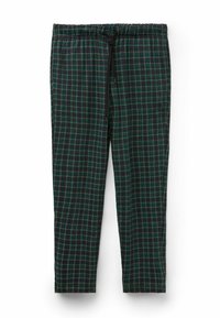 Pantalones de cuadros negros y verdes con cintura elástica y cordón. El material parece suave con una textura ligera.