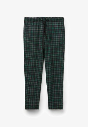Pantalones de cuadros negros y verdes con cintura elástica y cordón. El material parece suave con una textura ligera.