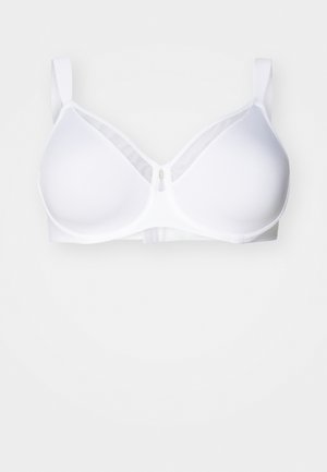 White underwire bra with smooth, padded cups. Features adjustable straps and a front clasp. Made of stretchy fabric with a soft texture.