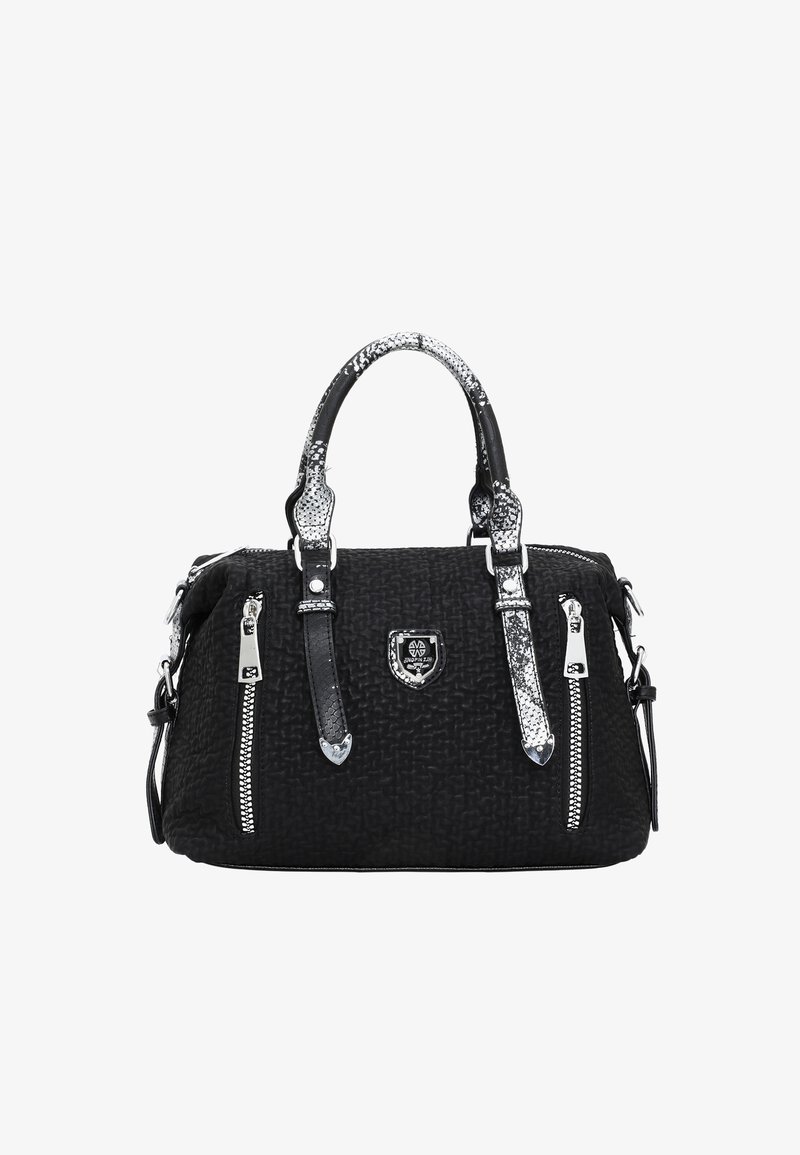 Czarna torebka wykonana z textured materiału z srebrnymi akcentami, podwójnymi uchwytami u góry oraz zamykanymi przegrodami po obu stronach. Dodatki obejmują paski we wzór węża.